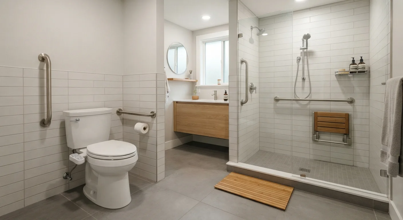 A bathroom with grab bars and safety modifications installed near the shower and toilet area