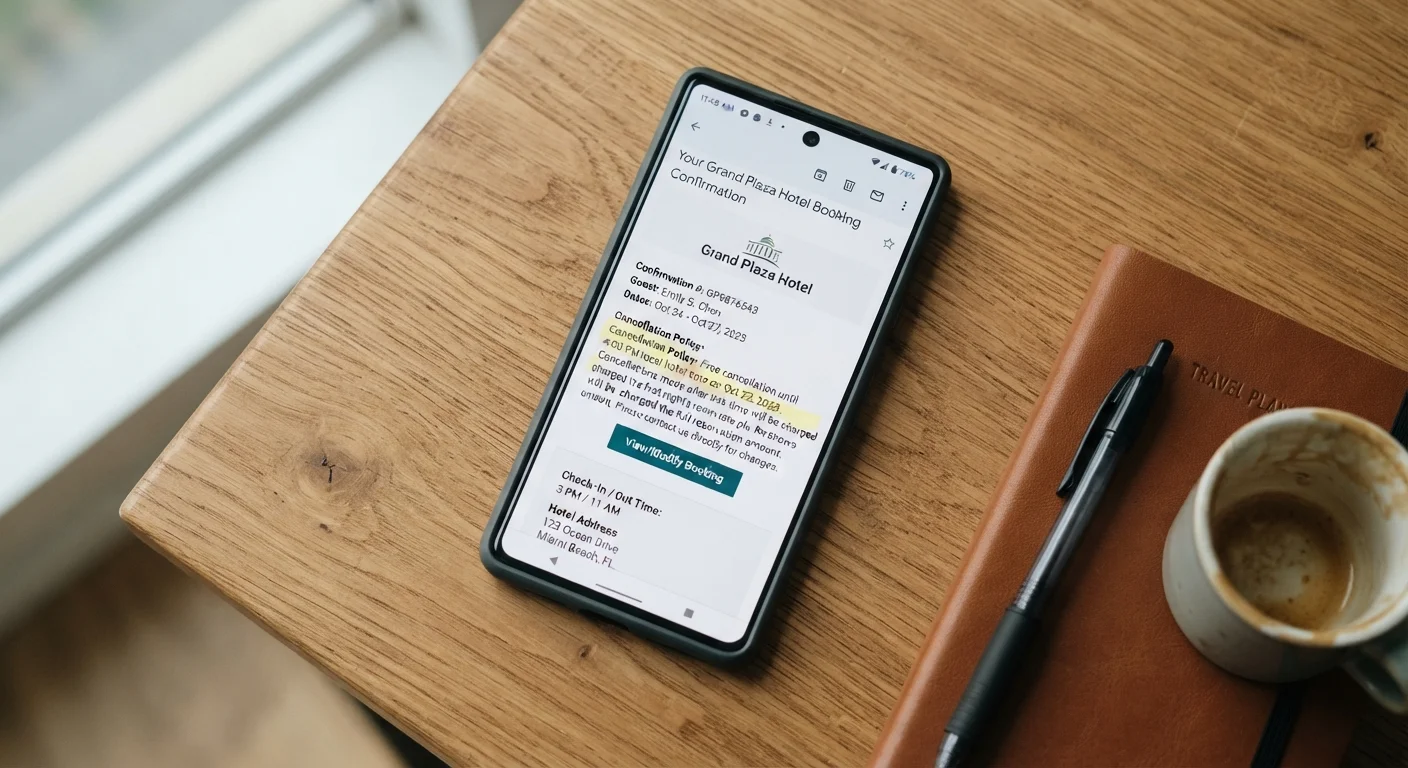 Smartphone displaying a hotel booking confirmation with cancellation policy details on screen