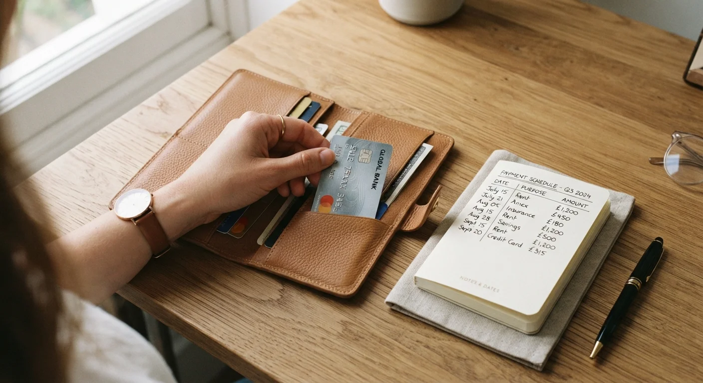 Hand placing a credit card into a wallet next to a notebook with a payment schedule