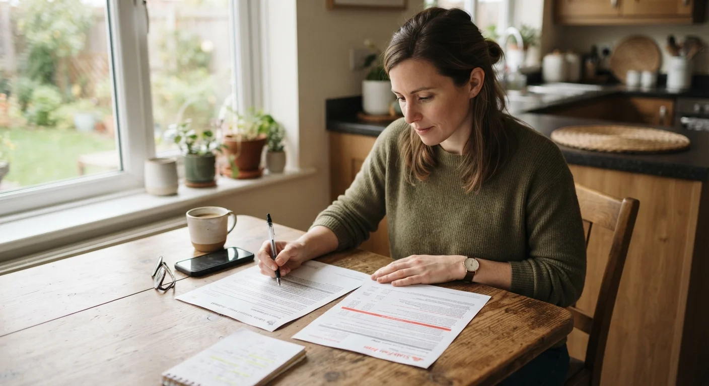 A person at a kitchen table comparing two insurance policy documents with a pen in hand