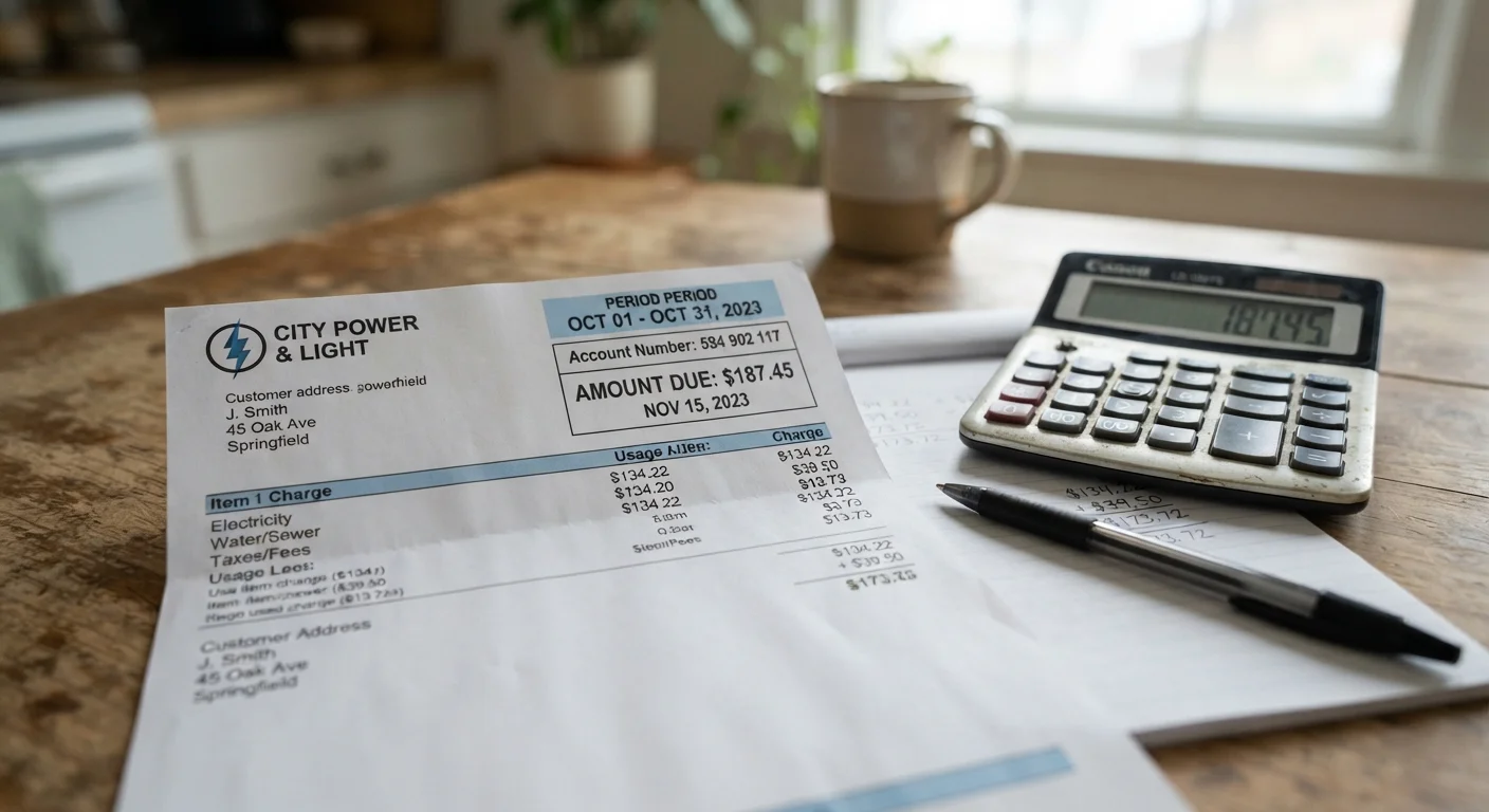 A printed monthly service bill on a table next to a calculator and pen, representing household budget review