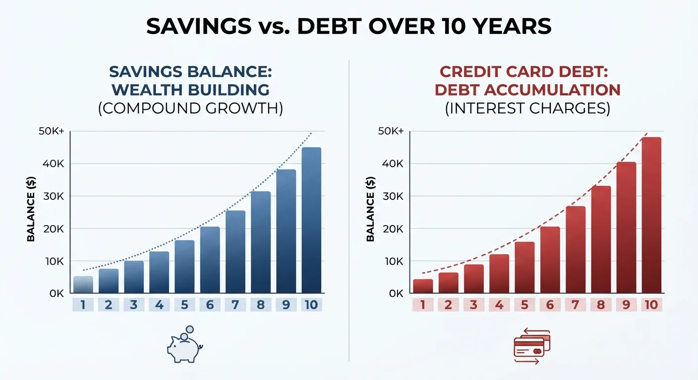 Side-by-side bar chart showing savings growing and unpaid debt growing over ten years through compound interest