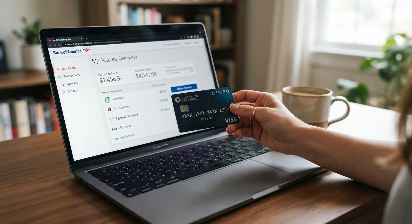 Hand holding a credit card while viewing an online account dashboard on a laptop screen