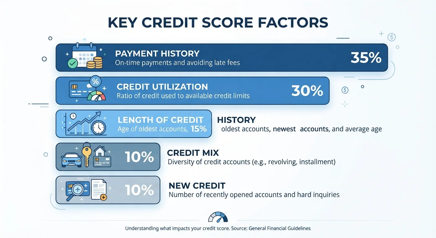 Horizontal bar chart illustrating the five factors that make up a credit score and their relative weight