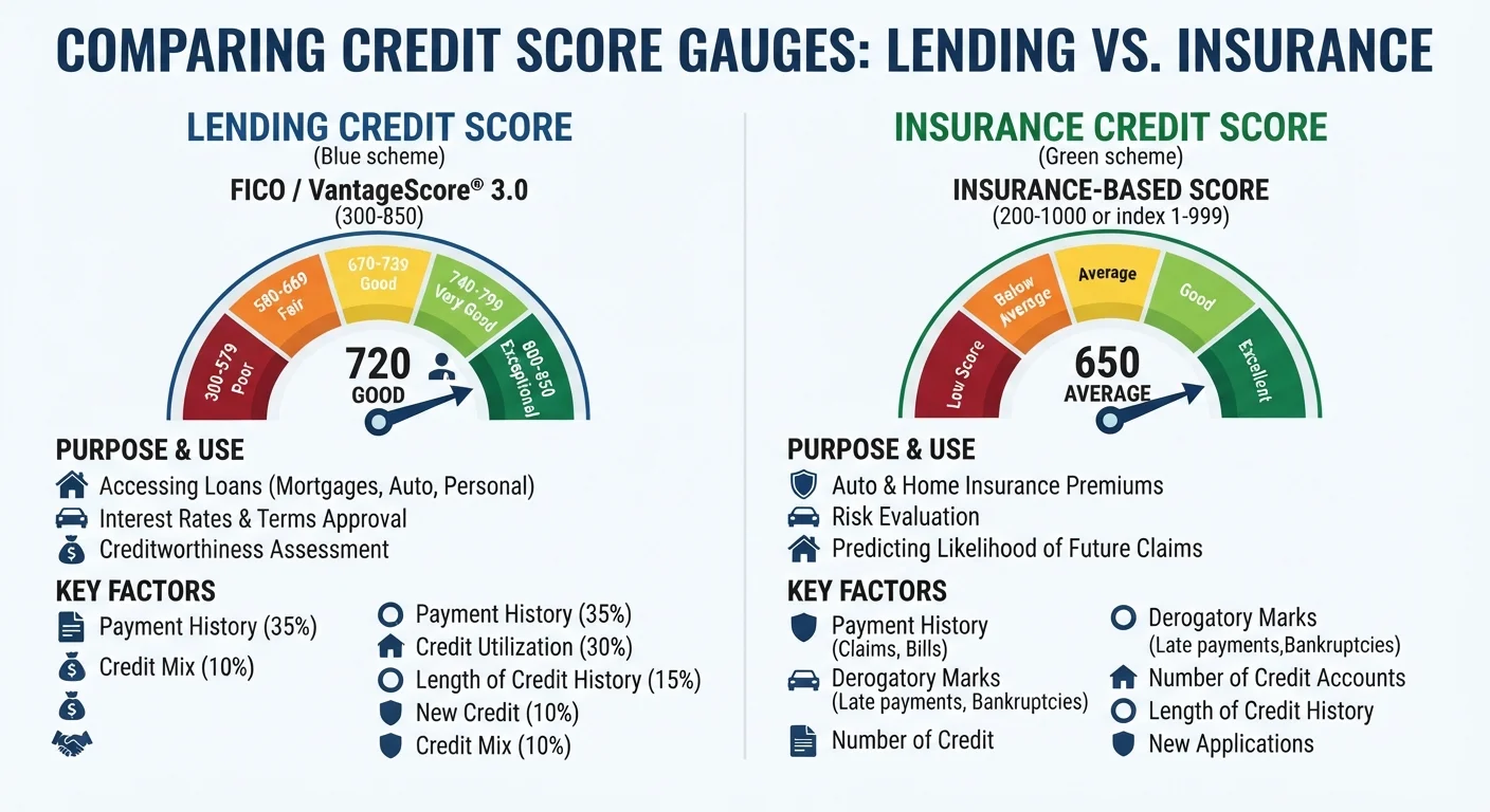 Side-by-side diagram of a lending credit score gauge and an insurance credit score gauge showing different scales