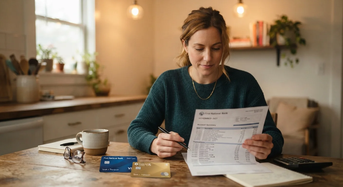 Person reviewing a bank statement at a kitchen table with both a debit and credit card nearby