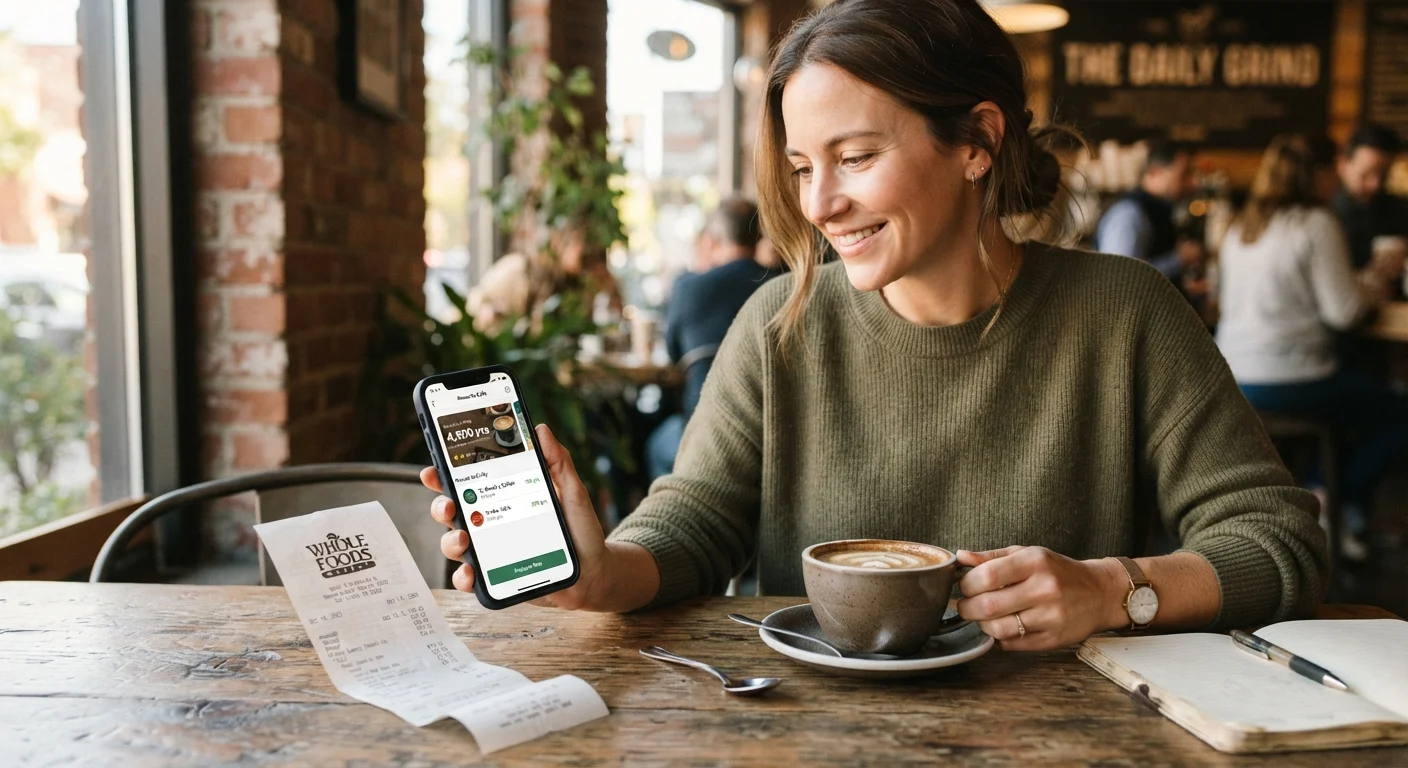 Person checking a travel rewards app on a phone next to a grocery receipt and coffee cup