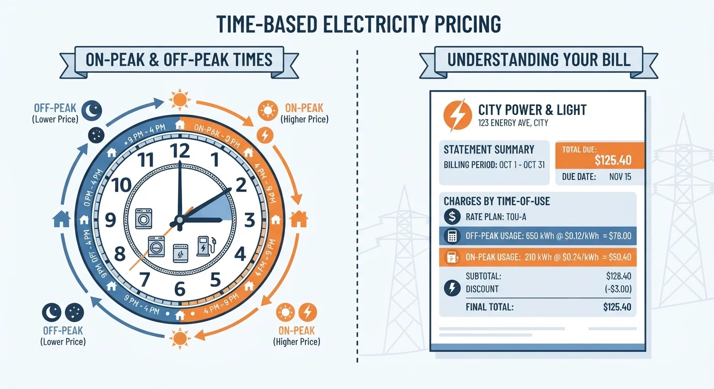 Split illustration of a clock and a utility bill representing time-of-use electricity pricing concepts.