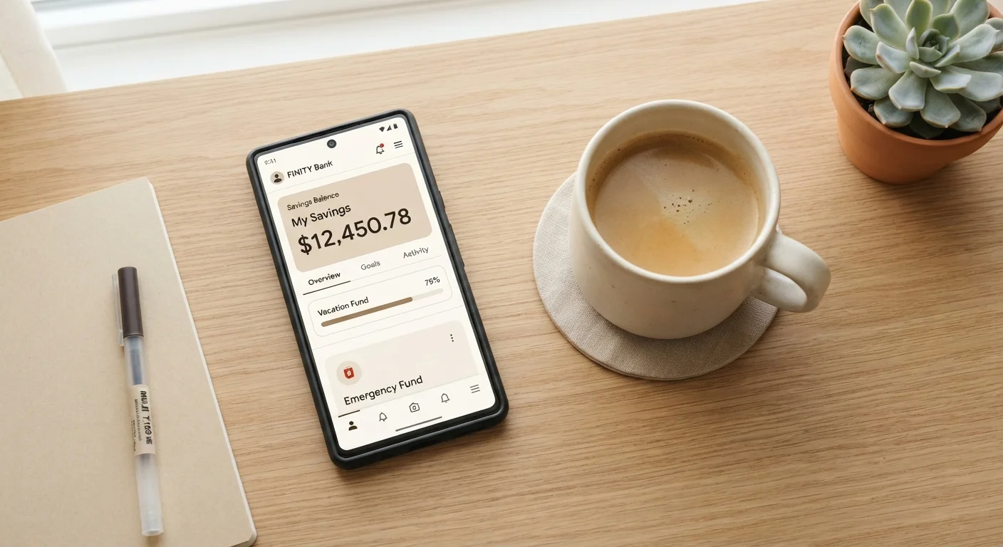 A smartphone showing a mobile banking savings account screen resting on a light-colored desk.