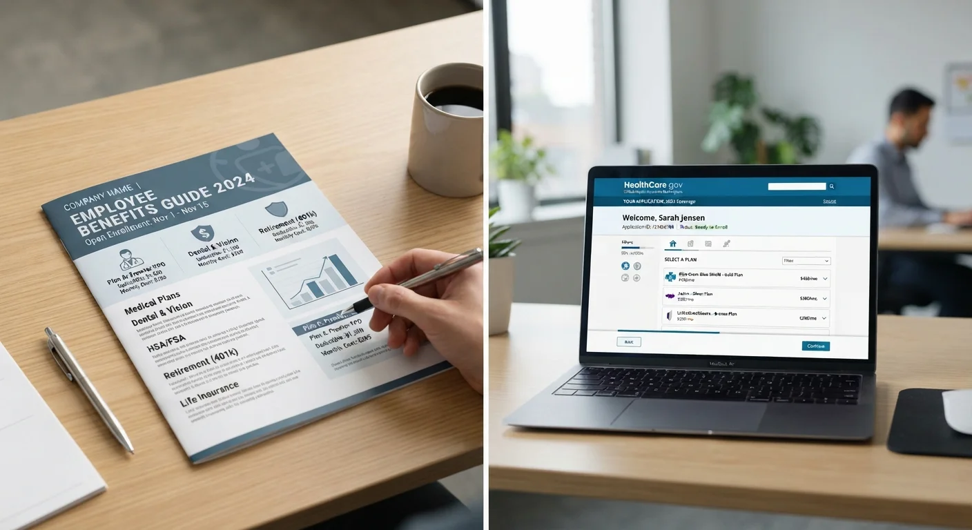 Side-by-side view of an employer benefits packet and a Marketplace plan enrollment screen.