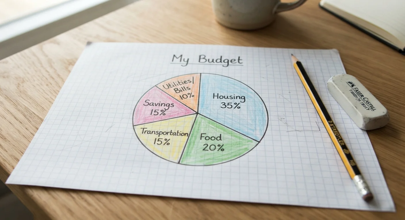 Hand-drawn pie chart on graph paper showing budget category segments with pencil nearby