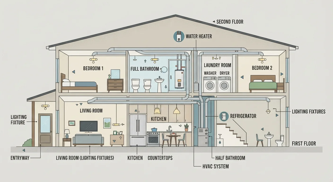 Illustrated home cross-section showing energy-using appliances and systems in each room
