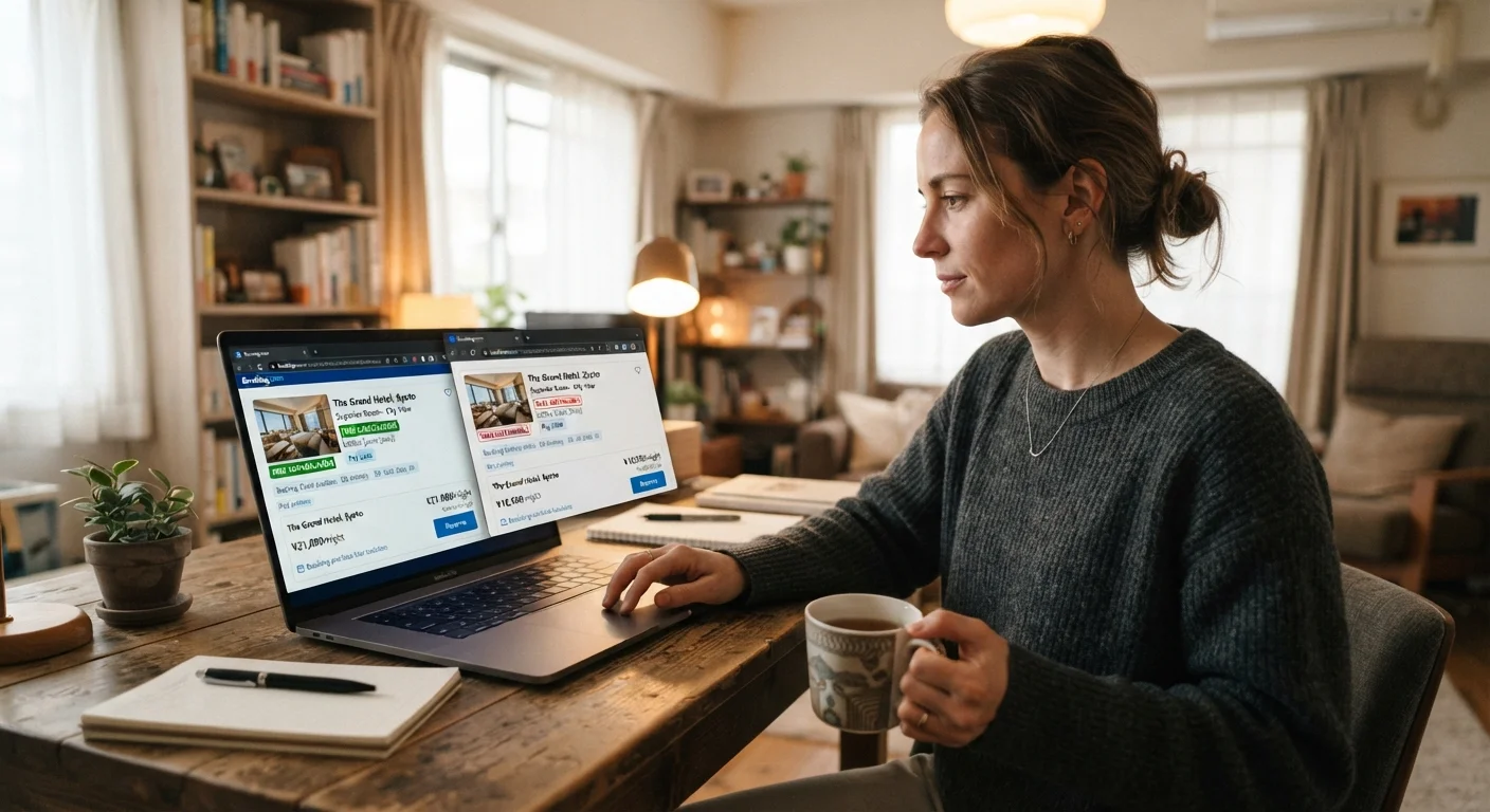 Person at a laptop comparing flexible and non-refundable hotel rate options on a booking website.