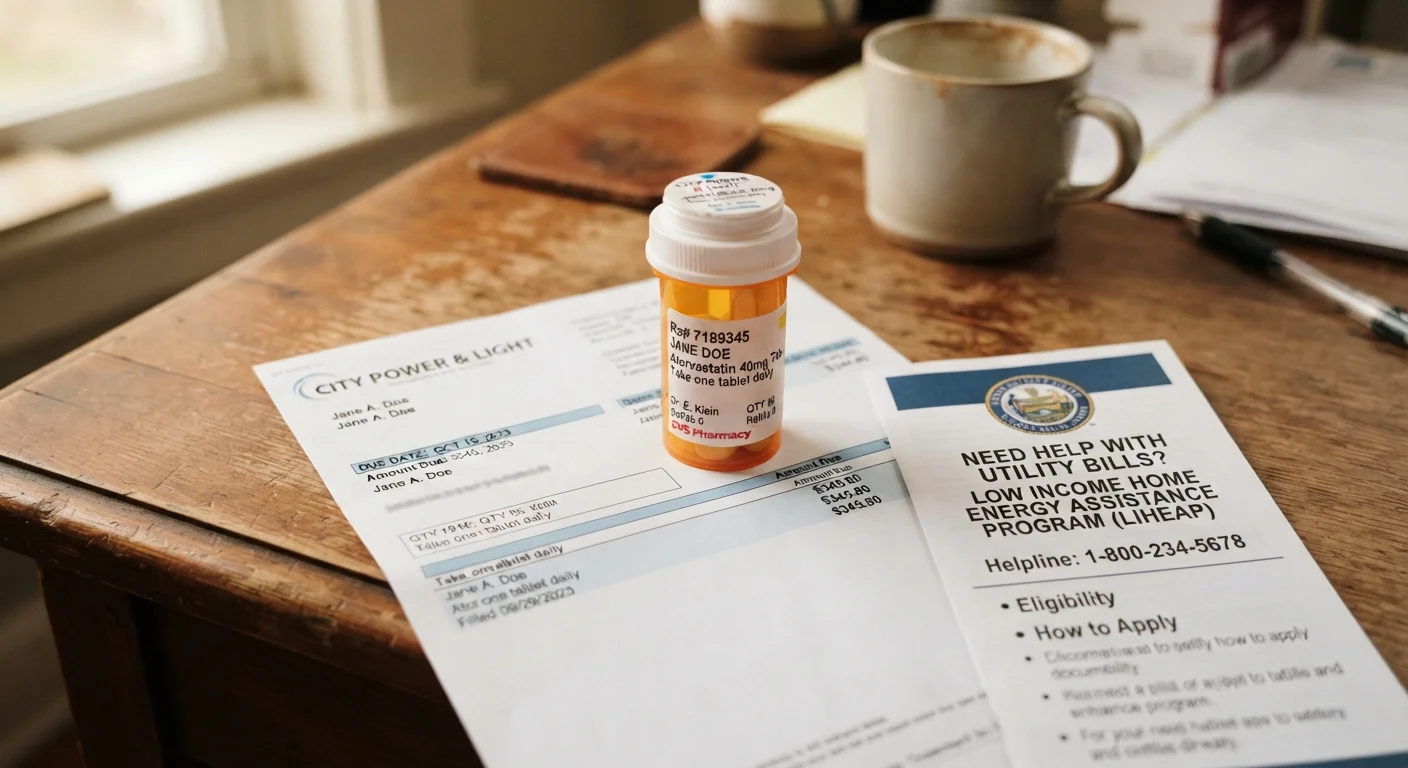 Utility bill and prescription bottle beside a government benefits pamphlet on a desk