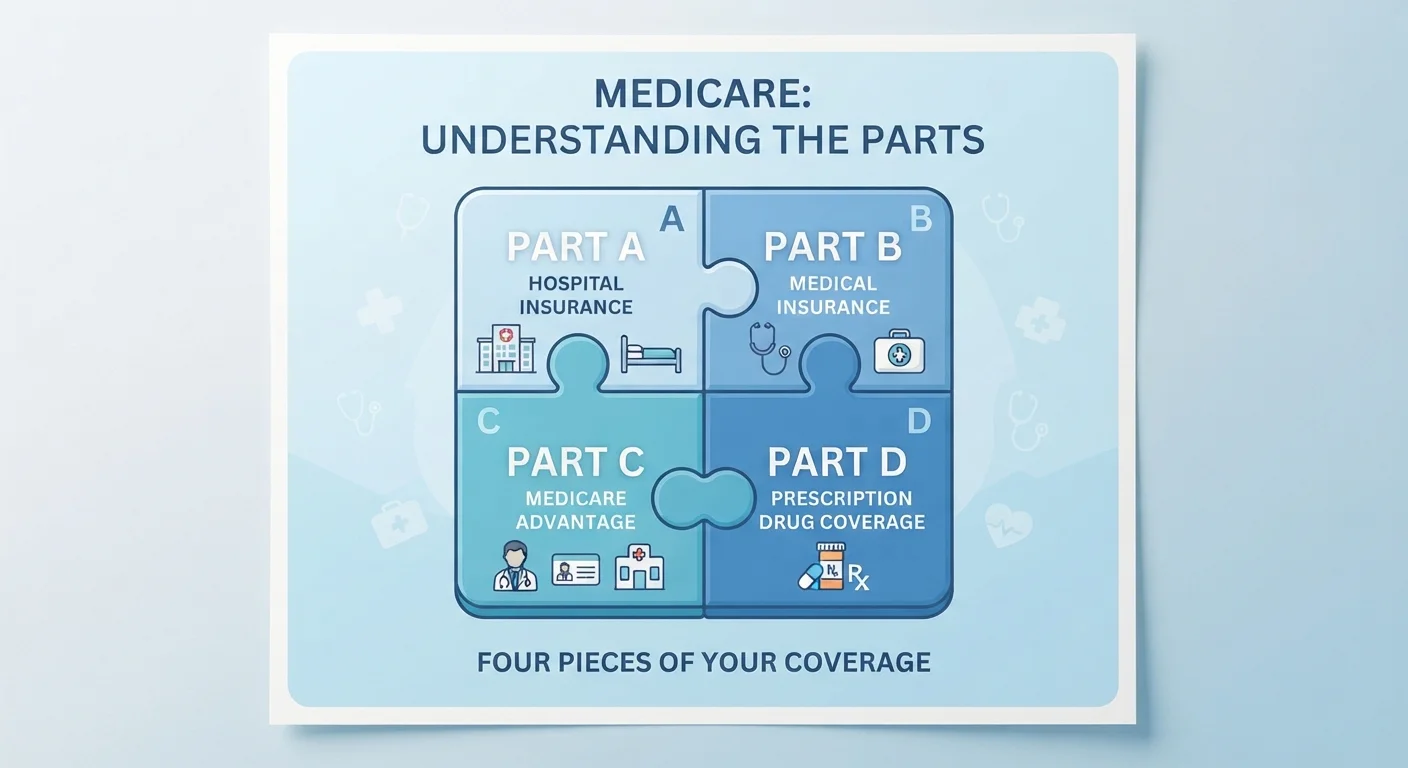 Illustrated diagram showing Medicare Parts A, B, C, and D as interconnected puzzle pieces