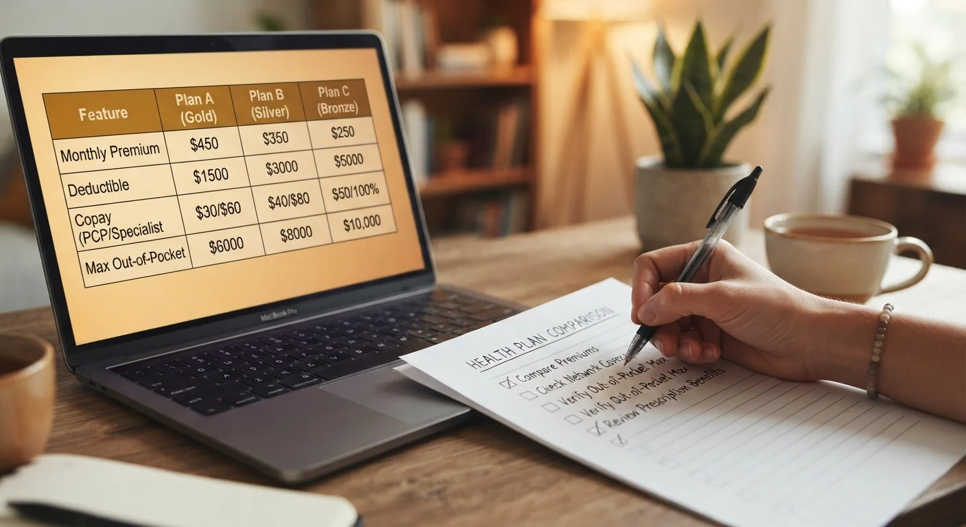 A person writing a checklist beside a laptop displaying a health plan comparison table
