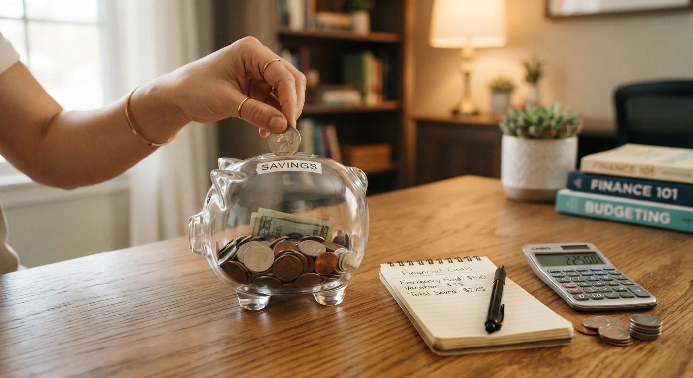 Hand placing a coin into a piggy bank beside a calculator, symbolizing savings growth