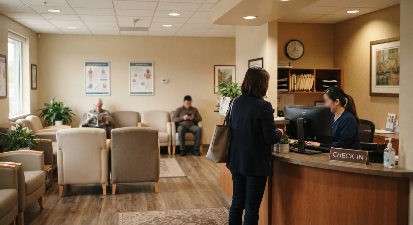 A patient checking in at a doctor's office reception desk in a calm, well-lit waiting room.