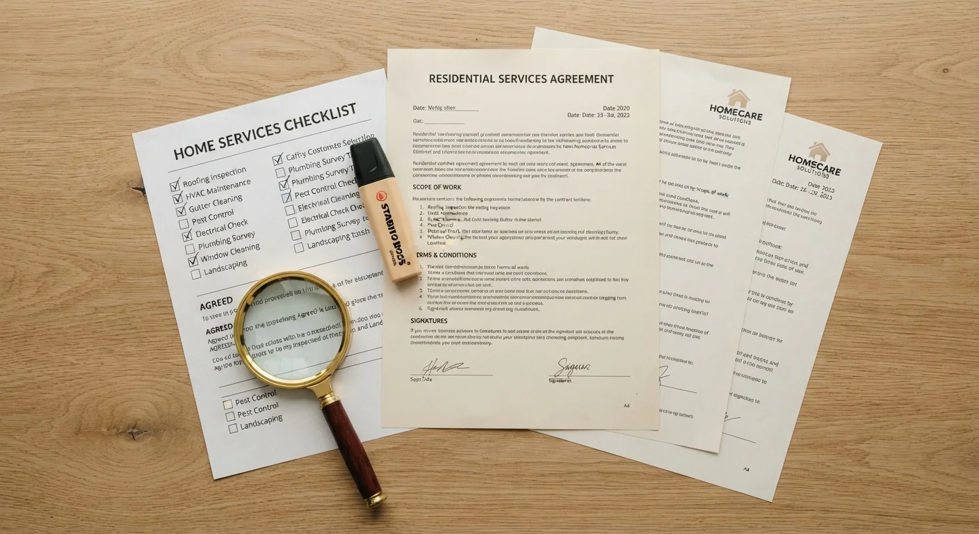 Printed home service contract pages with a highlighter and magnifying glass on a desk