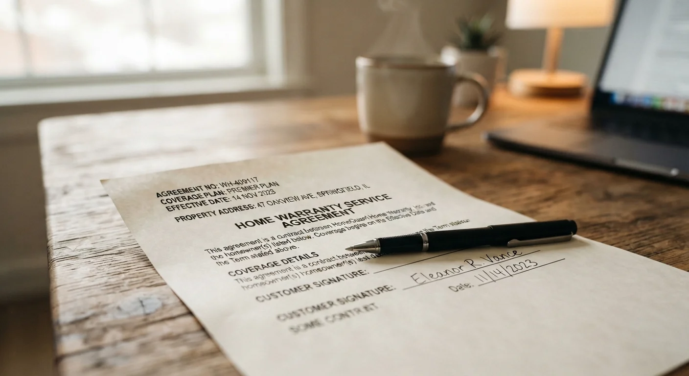 A home warranty contract document with a pen placed on top, ready for review