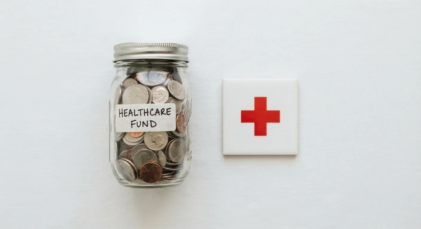 Glass jar of coins beside a medical cross symbol representing healthcare savings on a white surface