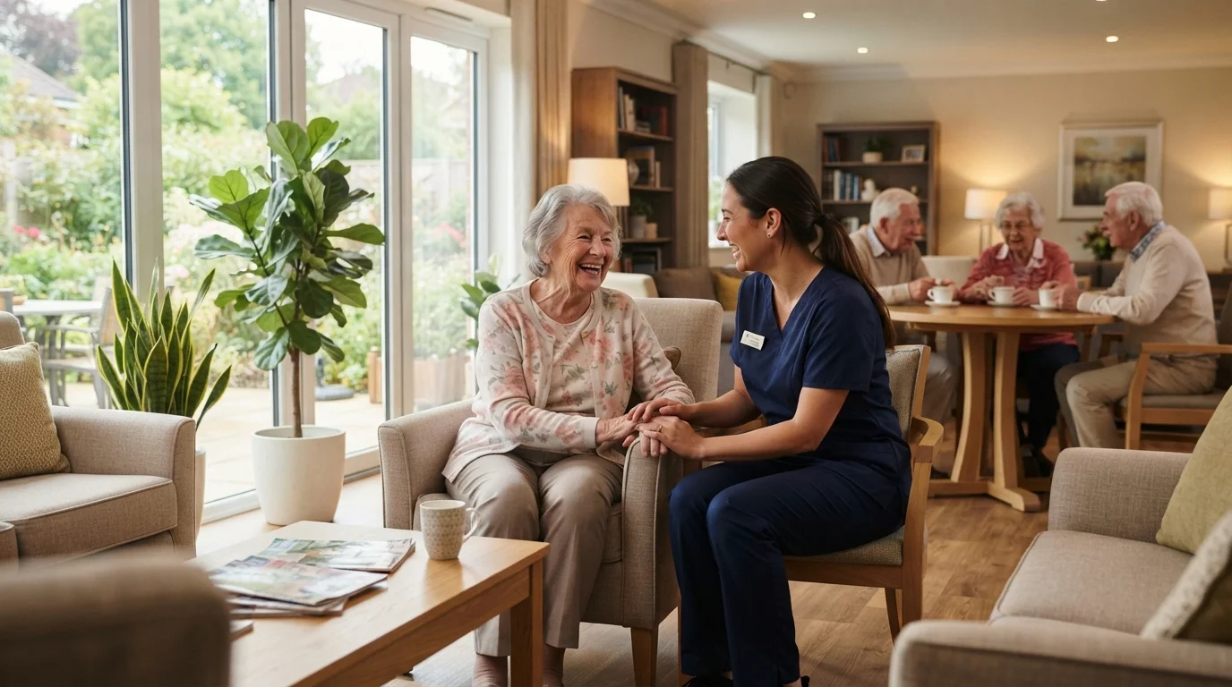 A senior and a family member reviewing care documents together at a kitchen table