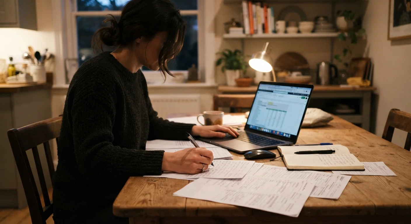 A person reviewing Medicaid paperwork and checking eligibility information on a laptop at home