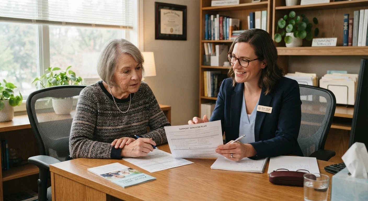 A counselor helping an older adult understand Medicaid paperwork at an office desk