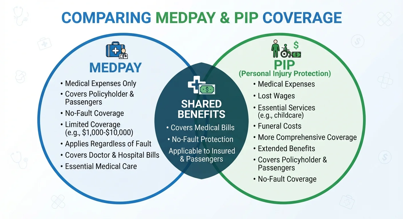 Diagram showing overlapping coverage areas of MedPay and PIP auto insurance types