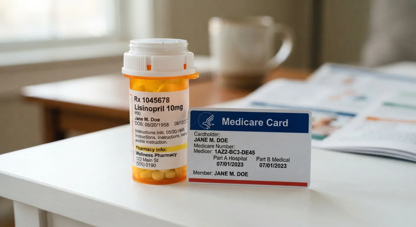 A Medicare insurance card next to a prescription medication bottle on a white surface