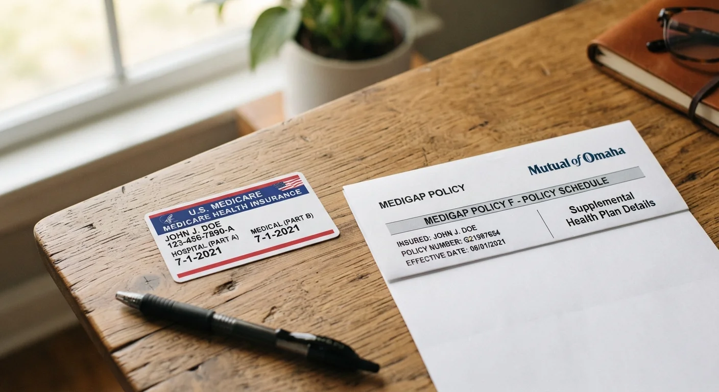 Medicare card placed next to a Medigap supplement insurance document on a desk