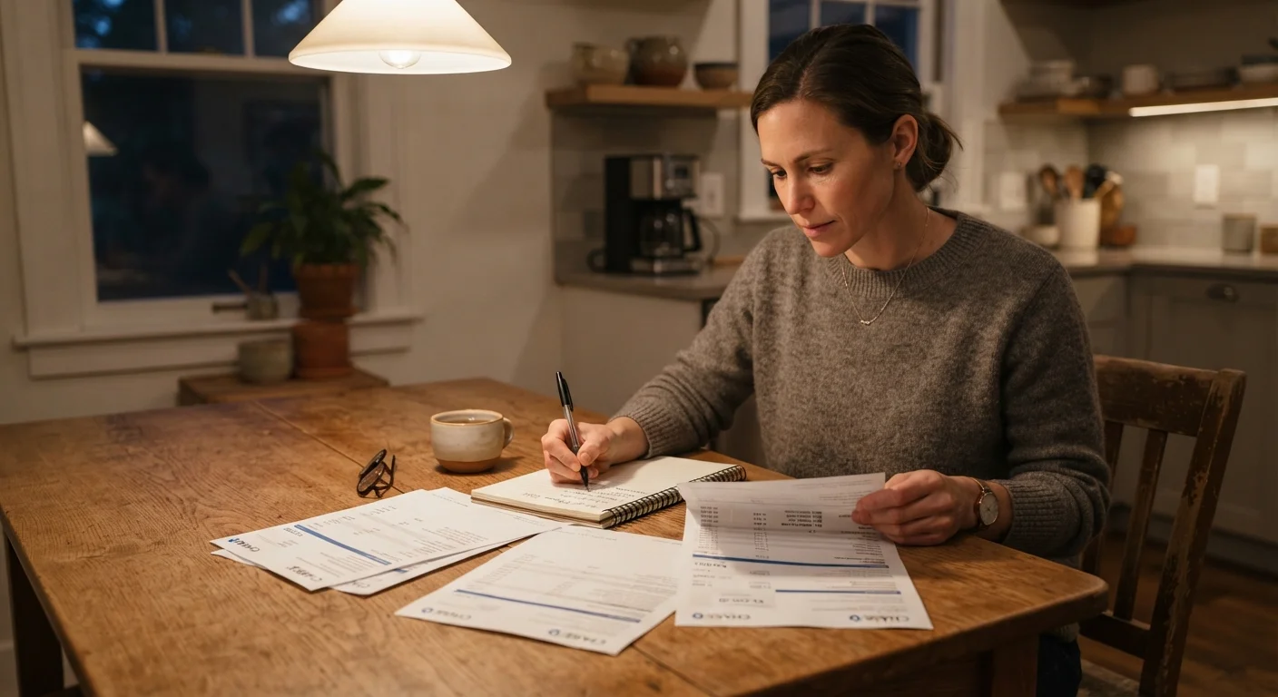 Person reviewing printed bank statements and writing notes at a kitchen table