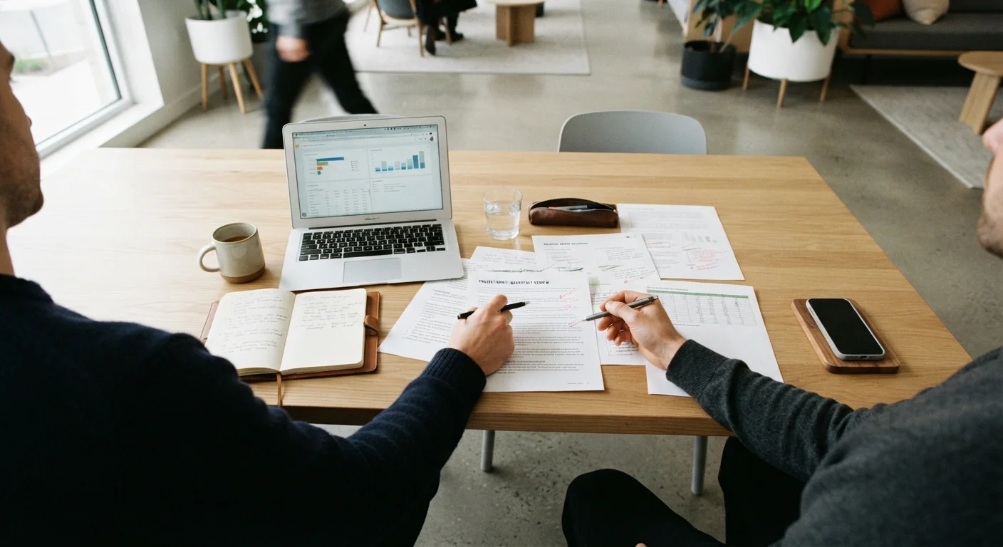 Two people reviewing auto insurance paperwork together at a kitchen table