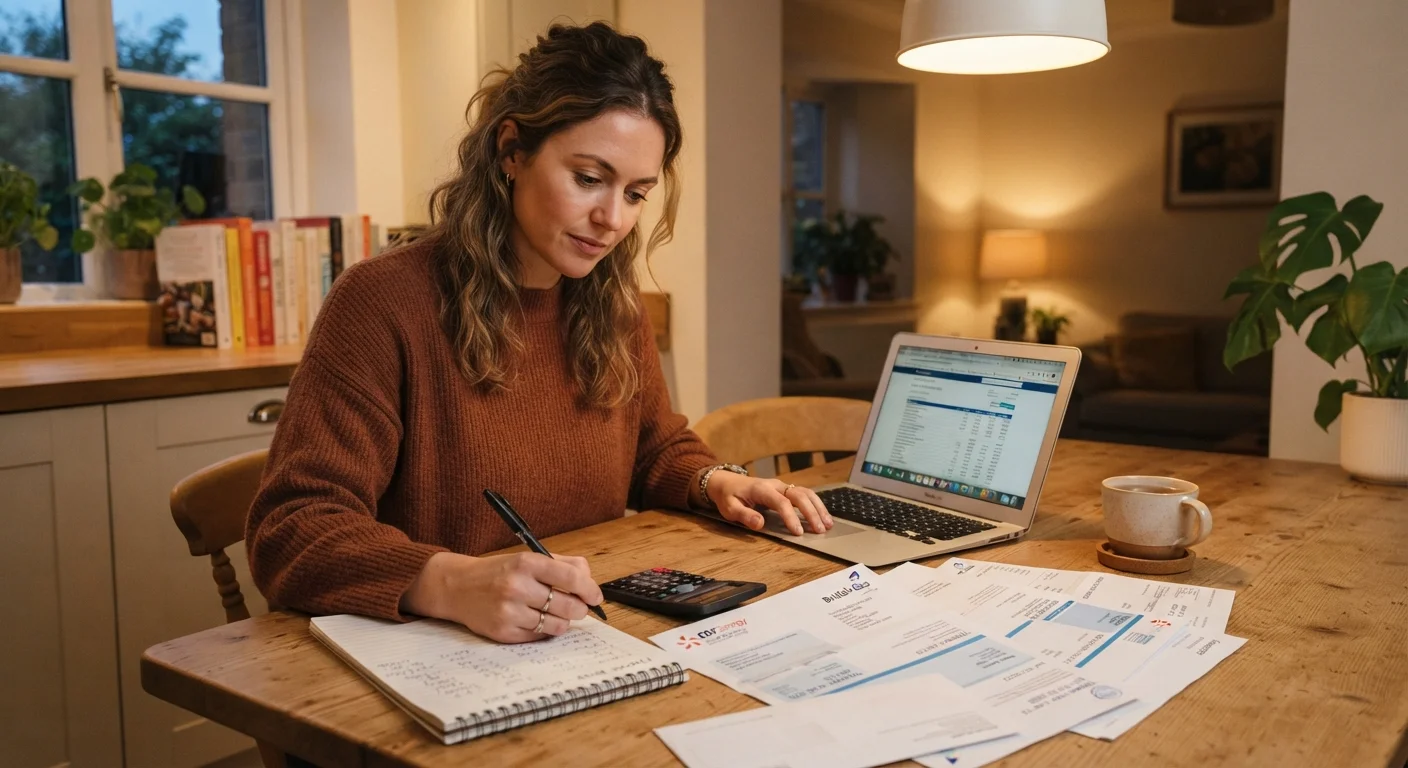 Person at kitchen table reviewing utility bills and a notepad while setting up home services.
