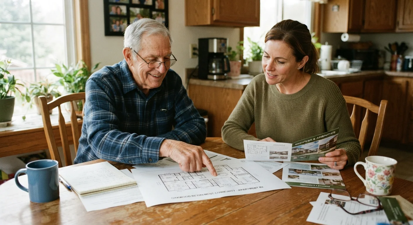 An adult child and senior parent reviewing community floor plans and documents together at a kitchen table