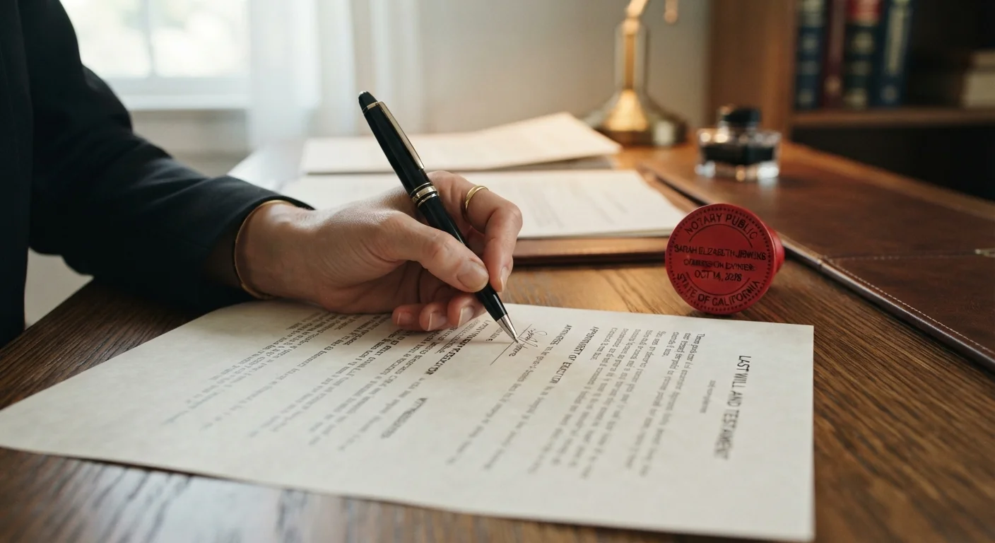 A hand signing a legal document near a notary stamp on a wooden desk