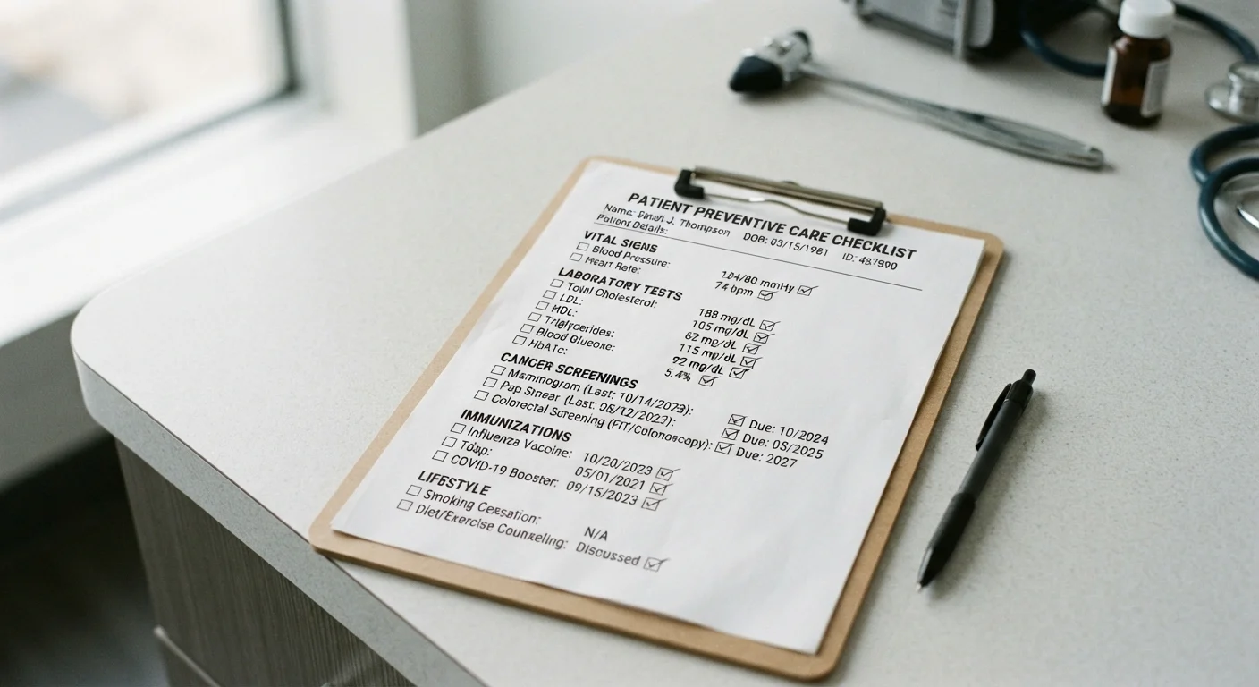 A preventive care checklist on a clipboard showing common health screenings and vaccines