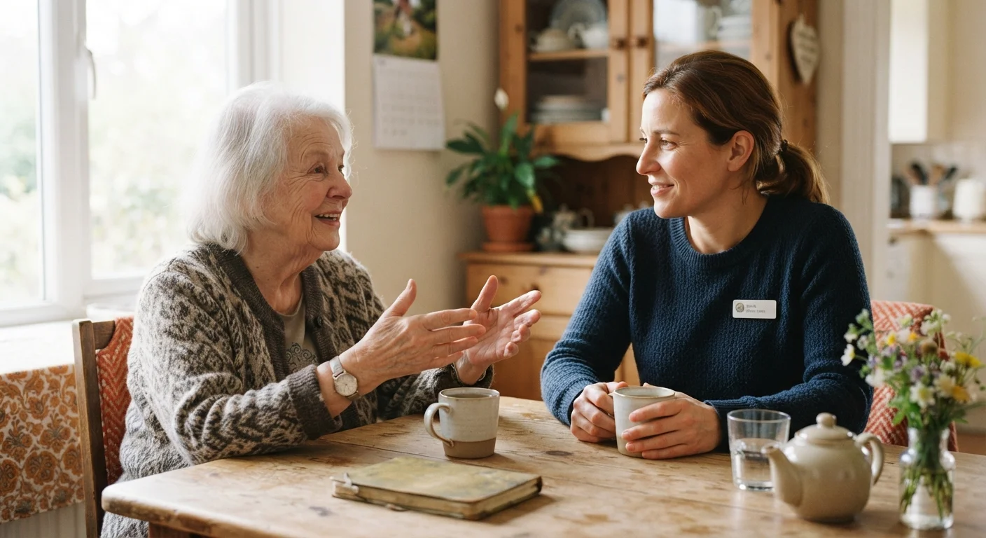 A caregiver listening carefully to an older adult at a kitchen table during a care planning discussion.