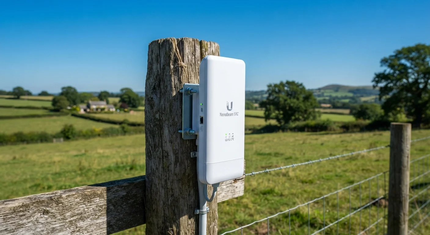 Outdoor fixed wireless receiver mounted on a fence post in a rural field under clear sky.