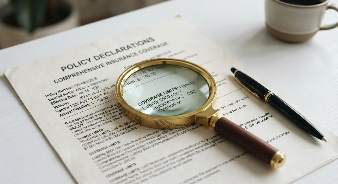 A magnifying glass placed on an insurance policy document next to a pen on a white desk