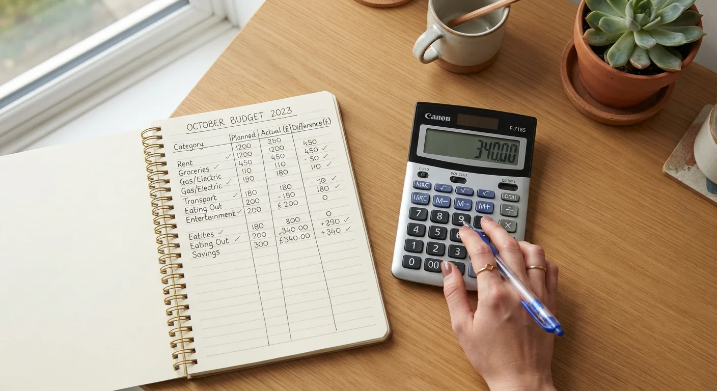 Budget notebook with spending categories and a calculator on a clean desk surface