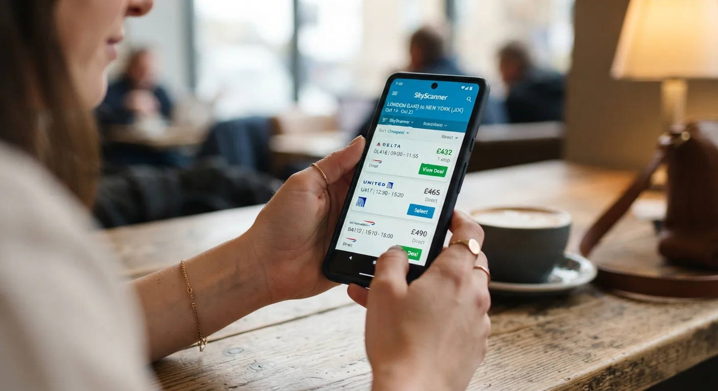 Hands holding a smartphone displaying a flight search comparison screen with pricing options