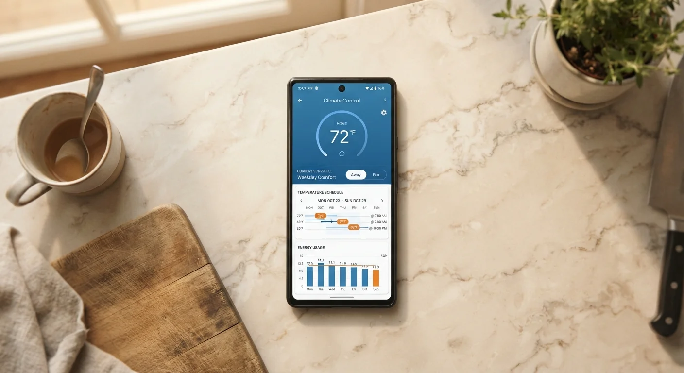 Smartphone displaying a smart thermostat app with weekly schedule and energy usage data