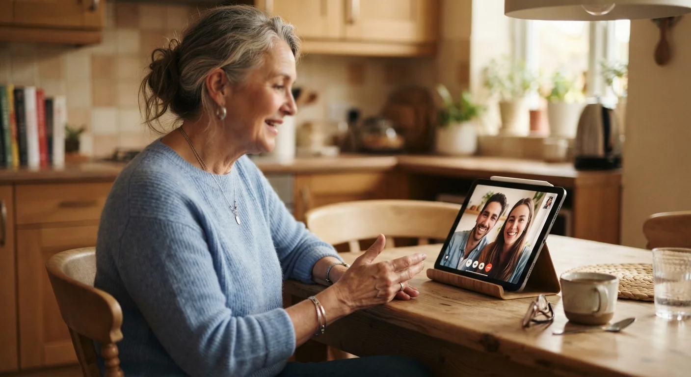 Older adult using a tablet for a video call at home, showing technology as a tool for social connection