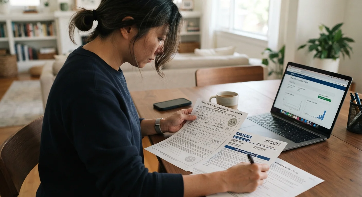 Person reviewing vehicle insurance and registration paperwork at a table with a laptop nearby