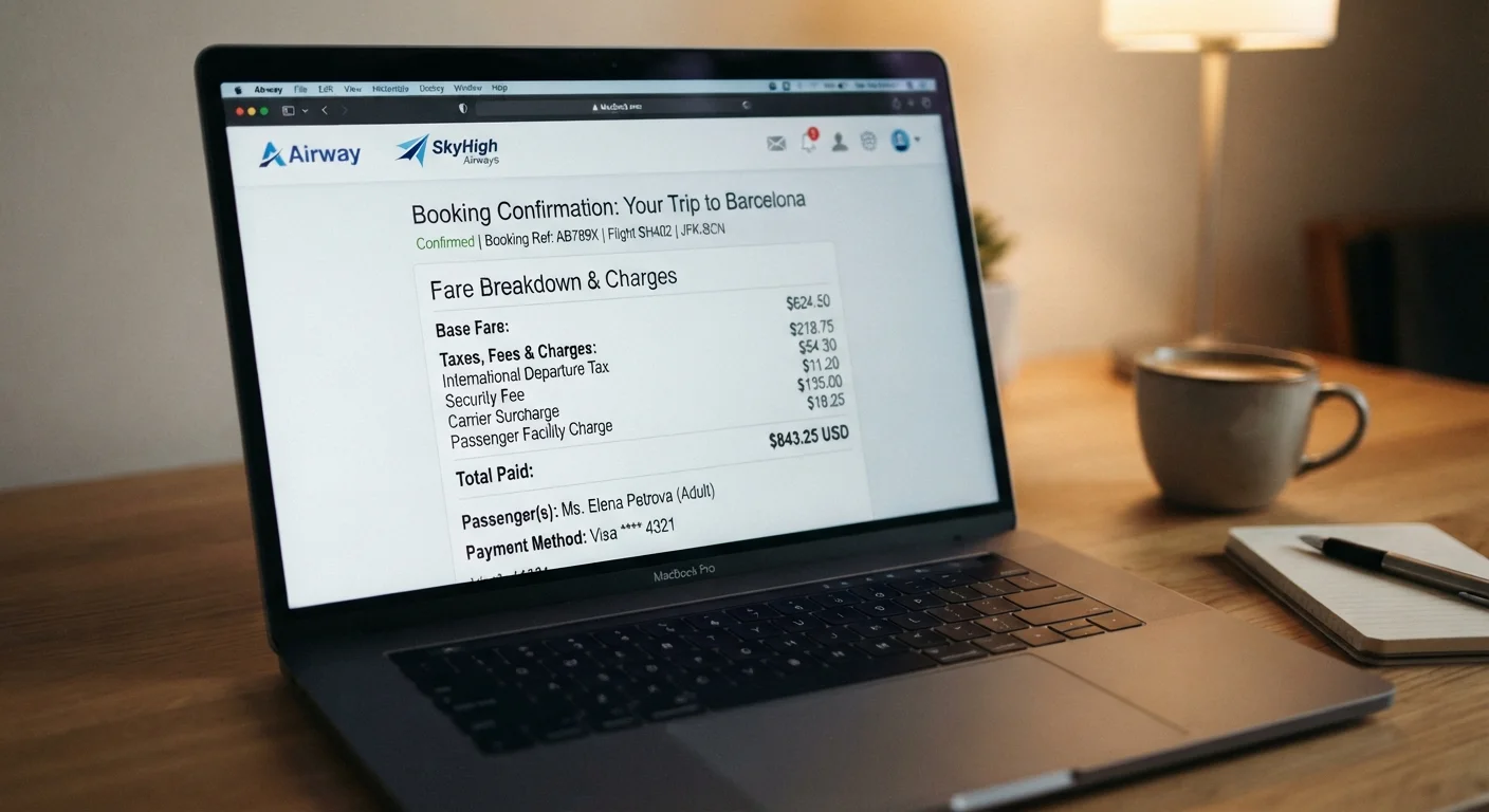 Laptop screen displaying a flight booking confirmation with itemized fare breakdown showing base fare taxes and fees