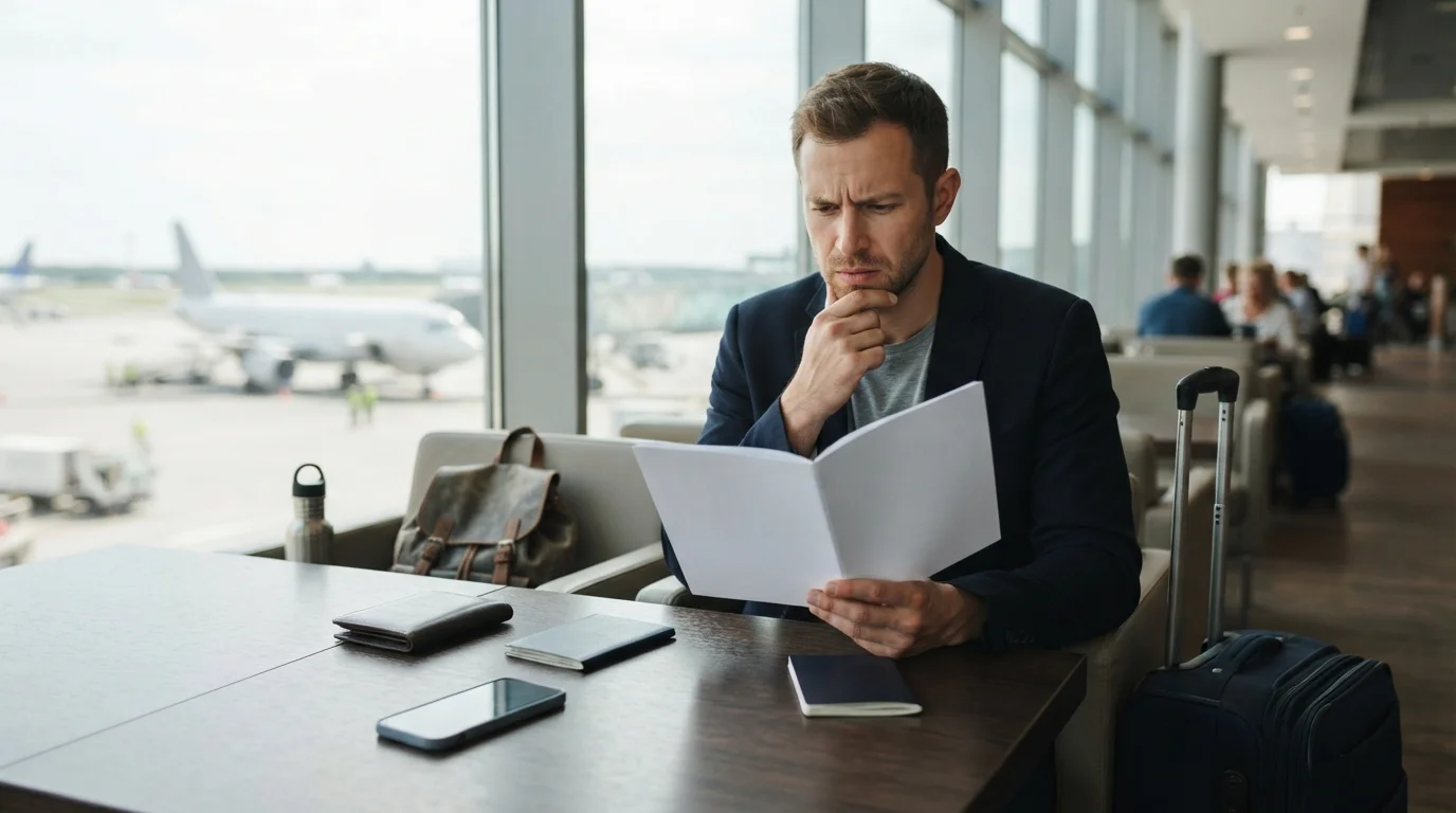 Person highlighting exclusions section in a travel insurance policy document at home