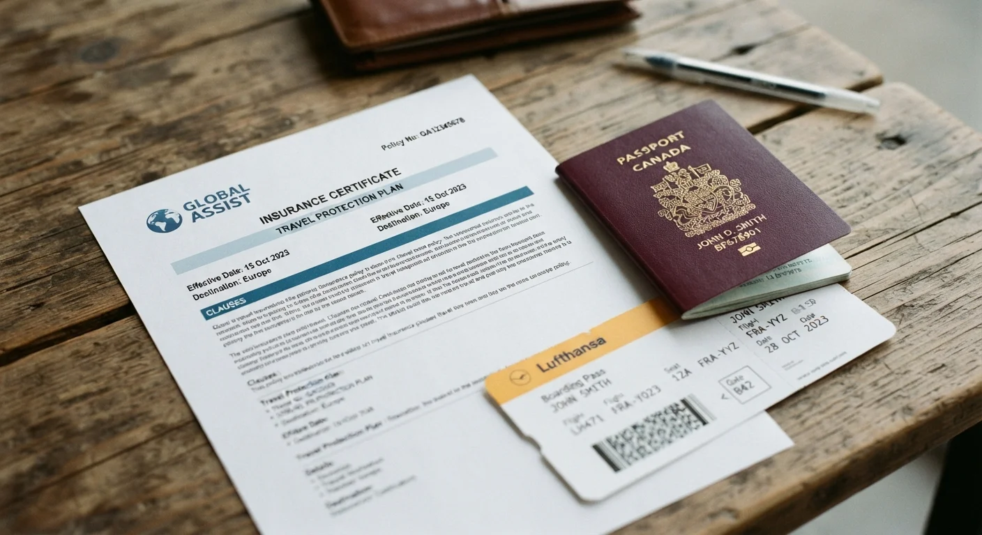 Travel insurance policy document open on a table next to a passport and airline ticket