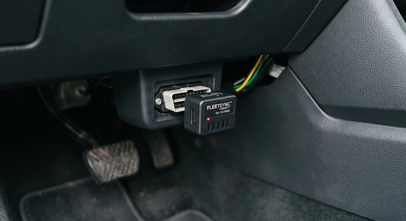 A telematics plug-in device connected to a car's OBD-II diagnostic port under the dashboard