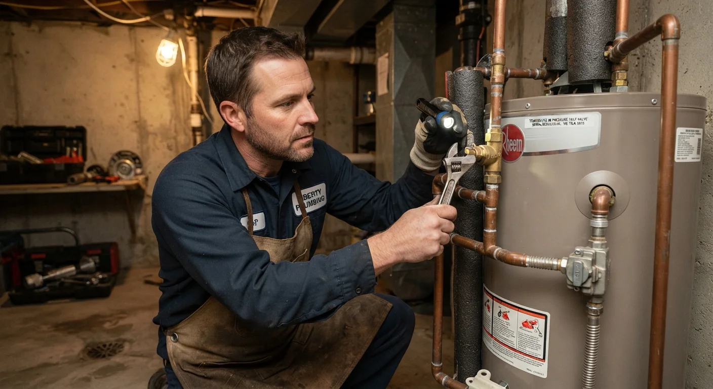 A plumber inspecting the pressure relief valve and connections on a tank water heater in a basement.